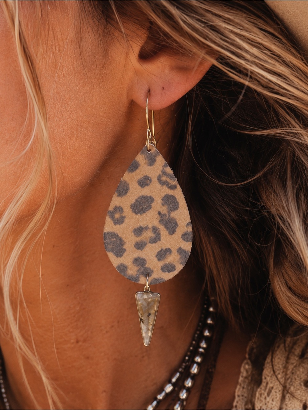 Leopard Suede & Labradorite Drop Earrings | Handmade | Sterling Silver